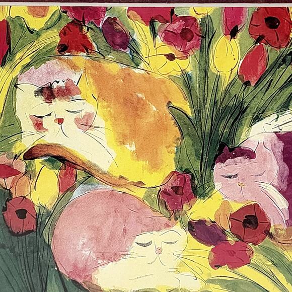 Sleepy Kitties Artwork - 8.75 Framed Pencil Drawing Watercolor of Cats in Garden - Picture 3 of 5